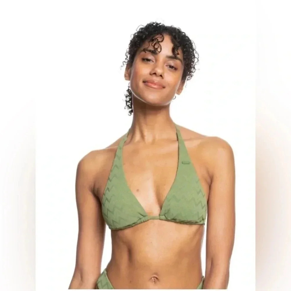 Roxy Current Coolness Elongated Triangle Textured Bikini Swim Top Green Med NWT
